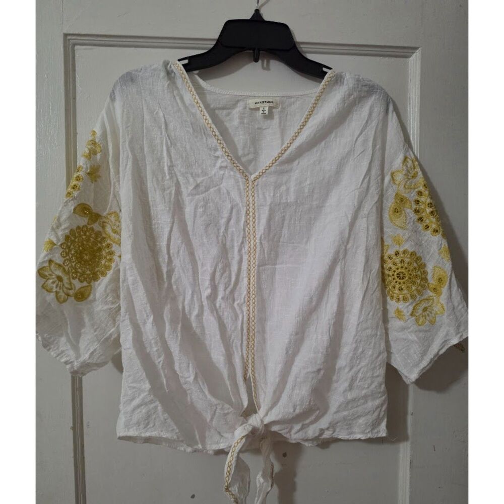 Max Studio V-Neck Tie-Front Embroidered Blouse L